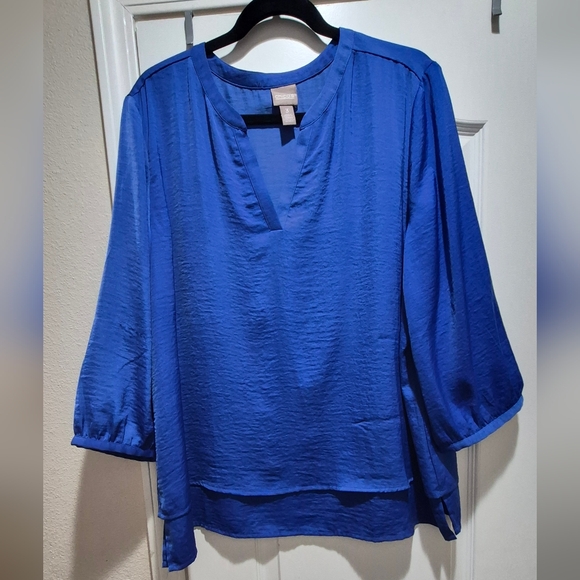 Chico's Tops - Chico’s 3 Blue Satin Blouse (USA XL) Split Neck Flowing Double Layered Top EUC